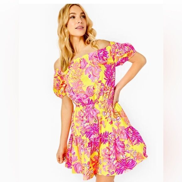 Lilly Pulitzer Jesiba Off-Shoulder Dress XL Yellow Pink Floral - Picture 2 of 2